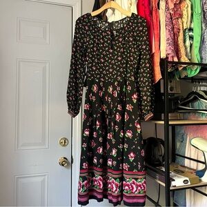 BETTY‎ BARCLAY vintage black digital floral print puff long sleeve midi dress